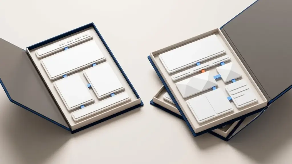 Two open proposal folders containing different website layouts and components, illustrating differences in project scope.