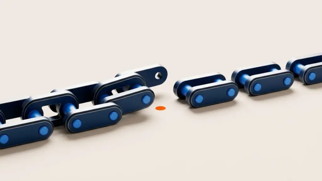 A heavy machined chain broken by a single missing link, with the later links waiting behind the gap.