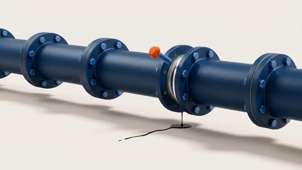 A dark navy run of bolted pipe crosses a warm off-white surface. Every joint along the run is closed except one just right of centre, where a single bolt has been backed out and stands proud in orange, and the two flange faces have parted to show a bright machined rim and a pale gasket ring. A thin dark seep runs from that joint down onto the surface below.