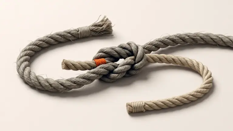 Three interlinked twisted cotton ropes on a pale warm surface — grey, off-white and natural — with a small orange whipping band at one cut end.