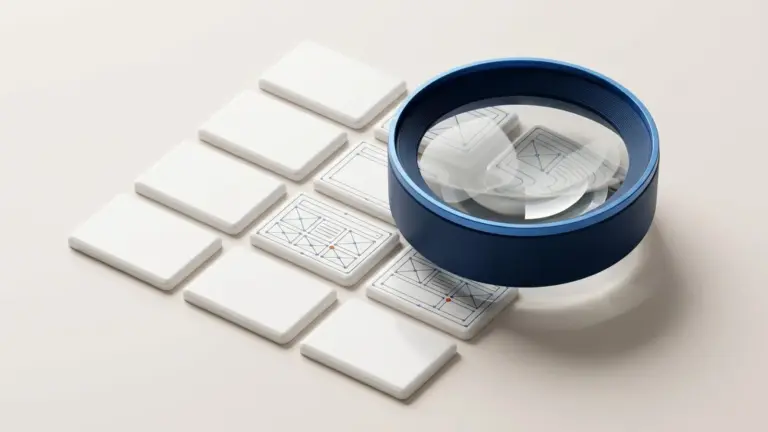 A magnifying lens resting over an array of website component plates, revealing fine structural line-work and connected nodes in the plates it covers.