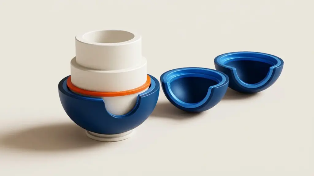 A turned cream core stands on a pale worktop while a satin navy shell is drawn part-way closed around its base, two more open shells waiting to the right, a thin orange ring marking the point where the shell stops and the bare core continues.
