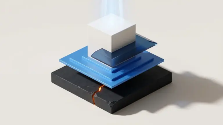 Premium dimensional illustration of the domain trust hierarchy: a dark slate registry foundation with a subtle amber fracture (the compromised .gh registry), a satin blue DNS layer with redirected geometric forms, a pristine white ceramic domain apex illuminated by a focused Certificate Transparency monitoring beam, and a deep blue frosted glass shield intercepting the threat path. Single soft key light from upper left, tactile materials, clean edges.